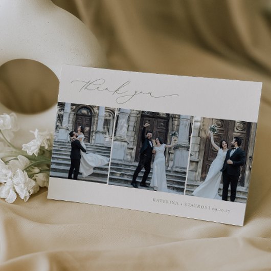 HARMONY Sage Green Minimalist 3 foto bruiloft Bedankkaart