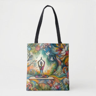 Harmony vrouw beoefenen van yoga met witte vogels tote bag