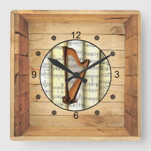 Harp ~ 3 Dimensional ~ Folk Art Box ~ ~ Vierkante Klok (Voorkant)