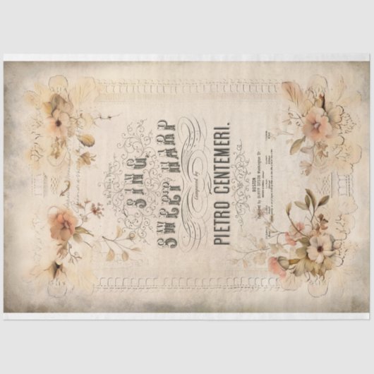 Harp Bladmuziek Floral Ephemera Decoupage Tissuepapier (Voorkant)