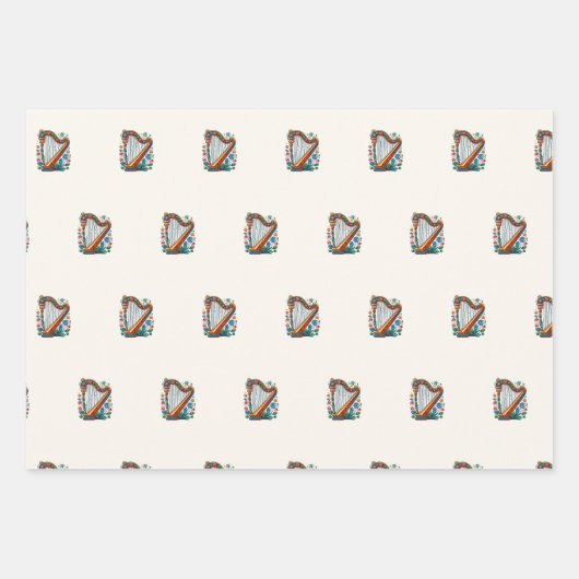 Harp Bloemen Wrapping Papier (Set van 3) Inpakpapier Vel (Voorkant)