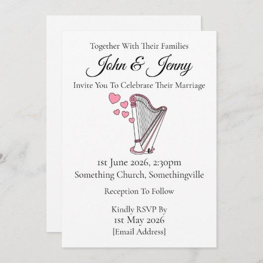 Harp bruiloft uitnodiging Harpist String Musicians (Voorkant / Achterkant)