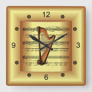 ~ Harp ~ Curved Sheet Music ~ Gold Background ~ Vierkante Klok