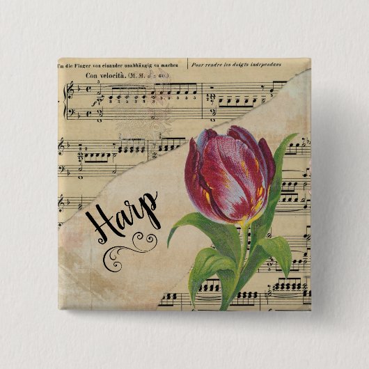 Harp Elegant Tulip  vel Music Vierkante Button 5,1 Cm (Voorkant)