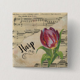 Harp Elegant Tulip  vel Music Vierkante Button 5,1 Cm