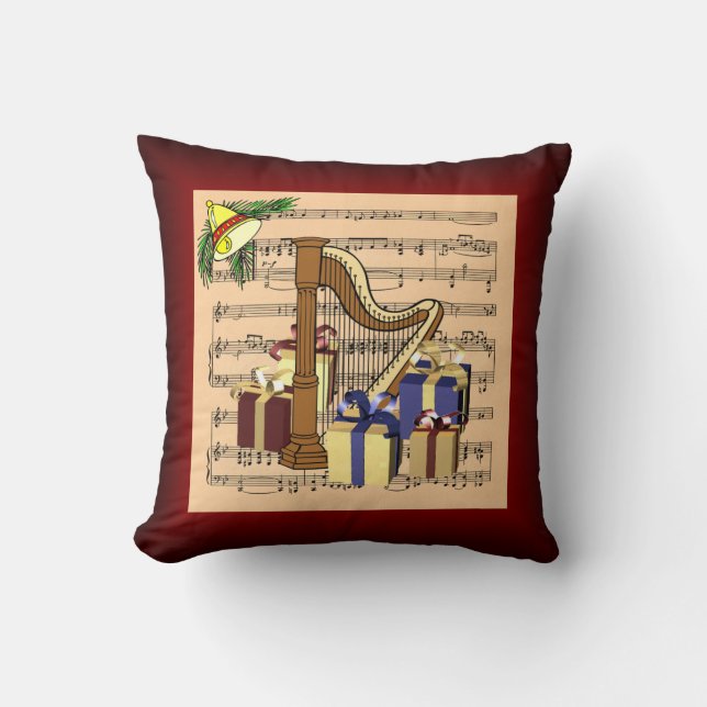 Harp & kerstcadeaus ~ Bladmuziek Achtergrond Kussen (Voorkant)