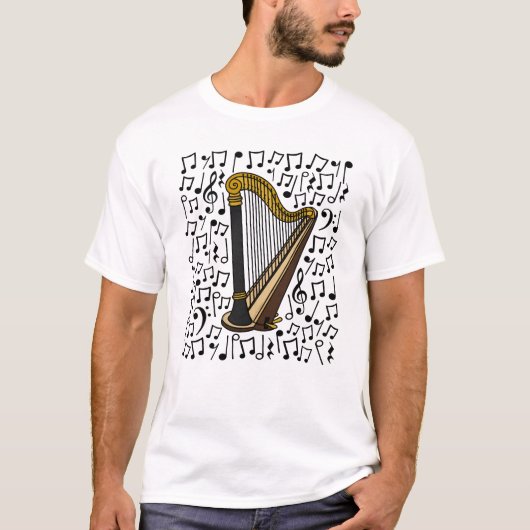 Harp Musical Notes Harpist String Muziekdocent T-shirt (Voorkant)