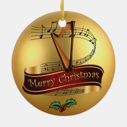 Harp ~ Musical Scroll ~ Gold Merry Kerst~ Keramisch Ornament (Achterkant)