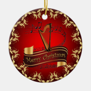 Harp ~ Muziekschrift ~ Prettig kerstfeest ~ * ~ Keramisch Ornament