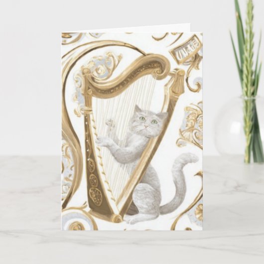 Harp-Playing Cat Greeting Card – Ornate Elegance Kaart (Voorkant)