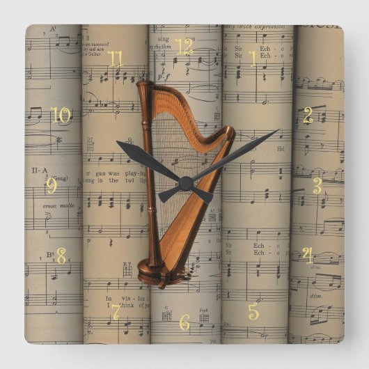Harp ~ Rollend blad Muziekachtergrond ~ Musical Vierkante Klok (Voorkant)
