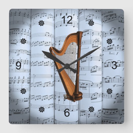 Harp ~ Rollend vel Music ~ Blue Tint Background ~ Vierkante Klok (Voorkant)