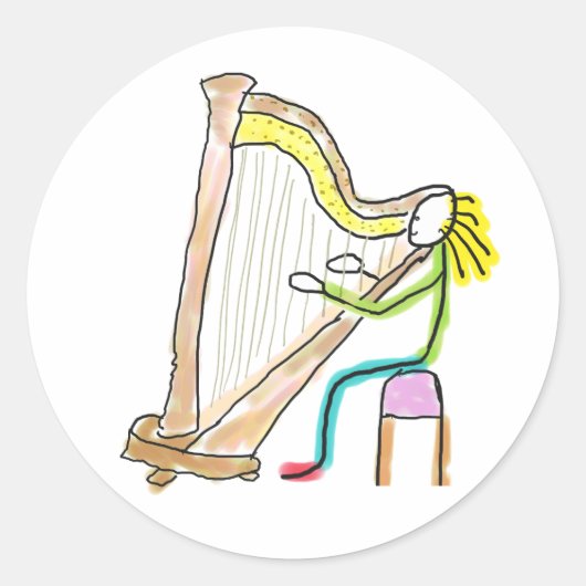 Harp spelende Stickman Ronde Sticker (Voorkant)
