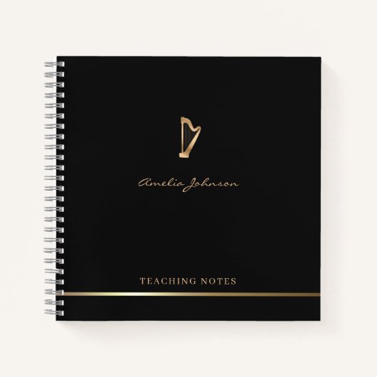 Harp Teacher Stijlvol Script Muziek Goud Zwart Notitieboek (Voorkant)