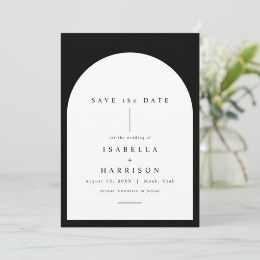 HARPER Black White Boho Arch Photo Save the Date Kaart (Staand voorkant)