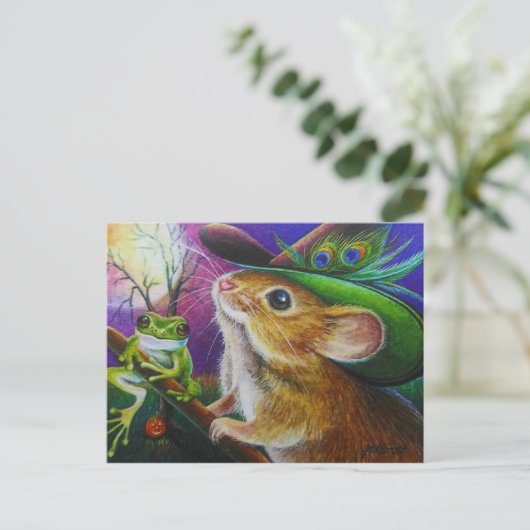 Harriet Halloween Witch Mouse Frog Waterverf Art Briefkaart (Staand voorkant)