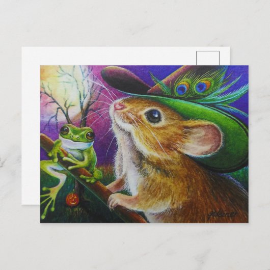 Harriet Halloween Witch Mouse Frog Waterverf Art Briefkaart (Voorkant / Achterkant)