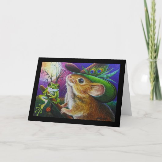 Harriet Halloween Witch Mouse Frog Waterverf Art Kaart (Voorkant)