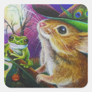 Harriet Halloween Witch Mouse Frog Waterverf Art Vierkante Sticker