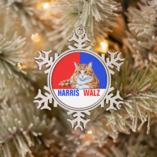 Harris Walz 2024 - Kat rood blauw Tin Sneeuwvlok Ornament