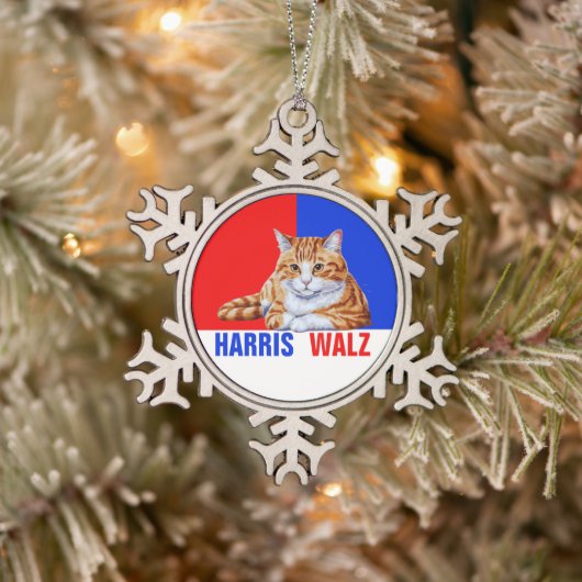Harris Walz 2024 - Kat rood blauw Tin Sneeuwvlok Ornament (Boom)