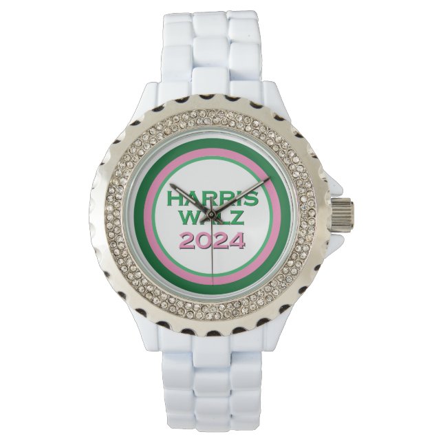 HARRIS WALZ 2024 Roze en Groene Strass Accent Horloge (Voorkant)