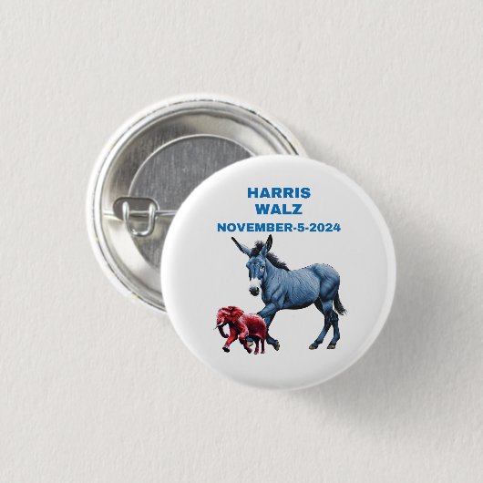 Harris/Walz, stem blauw, ezel, olifant, verkiezing Ronde Button 3,2 Cm (Voorkant /achterkant)