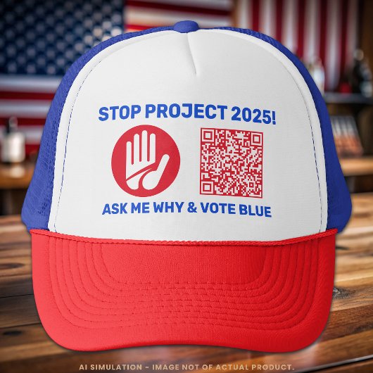 Harris/Walz 'Stop Project 2025!' Stem op blauwe QR Trucker Pet