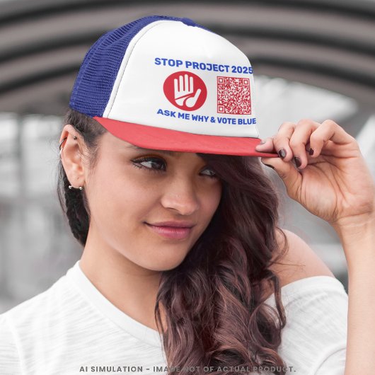 Harris/Walz 'Stop Project 2025!' Stem op blauwe QR Trucker Pet