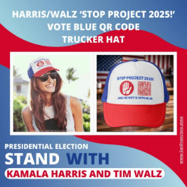 Harris/Walz 'Stop Project 2025!' Stem op blauwe QR Trucker Pet