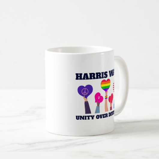 Harris Walz Unity over de divisie LGBTQ Dark Blue Koffiemok (Voorkant rechts)