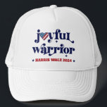 Harris Walz Verkiezing Joyful Warrior USA Vlag Har Trucker Pet<br><div class="desc">"Vrolijke krijger". Sta trots en deel uw steun voor Kamala Harris en Tim Walz met deze speelse, leuke, grafische patriottische trucker hoed. Whimsical marine blauwe kalligrafie typografie en een rustieke hout Amerikaanse vlag hart overlay een schone, witte achtergrond. Omarm je strijder zelf, vier trots dat je een patriot bent en...</div>