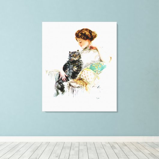Harrison Fisher: Vrouw met kat Canvas Afdruk (Insitu (Houten vloer))