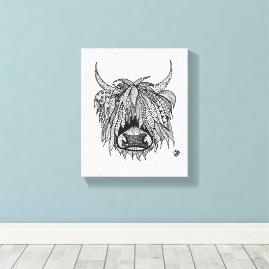 Harry de Hoogland Koe - Zentangle Hand Drawn Canvas Afdruk (Insitu (Houten vloer))