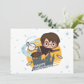 Harry en Hedwig Flying Past Hogwarts Kerstmis Feestdagenkaart (Staand voorkant)