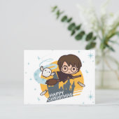 Harry en Hedwig Flying Past Hogwarts Kerstmis Feestdagenkaart (Staand voorkant)