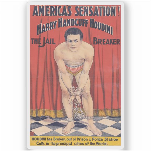 Harry Handcuff Houdini, de gevangenisbreker 1900 Sticker (Voorkant)