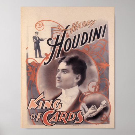 Harry Houdini, koning van kaarten 1895 Poster (Voorkant)