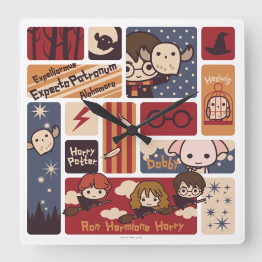 Harry Potter Cartoon Scènes Patroon Vierkante Klok (Voorkant)