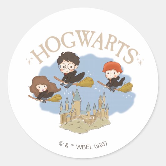 HARRY POTTER™, Hermelien & Ron Fly Over Zweinstein Ronde Sticker (Voorkant)