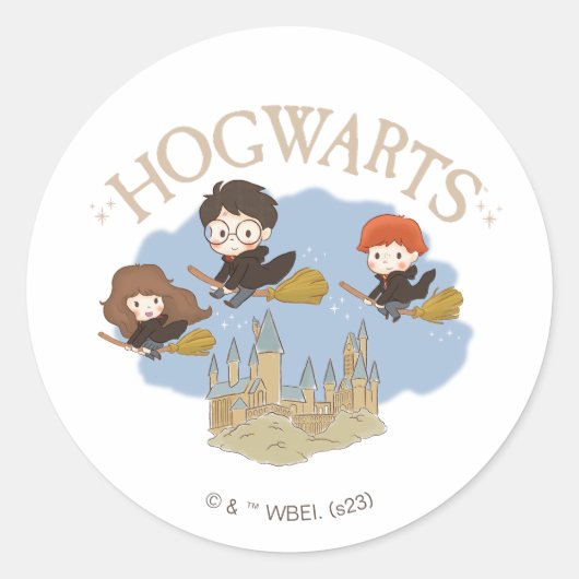 HARRY POTTER™, Hermione, & Ron vliegen over HOGWAR Ronde Sticker (Voorkant)