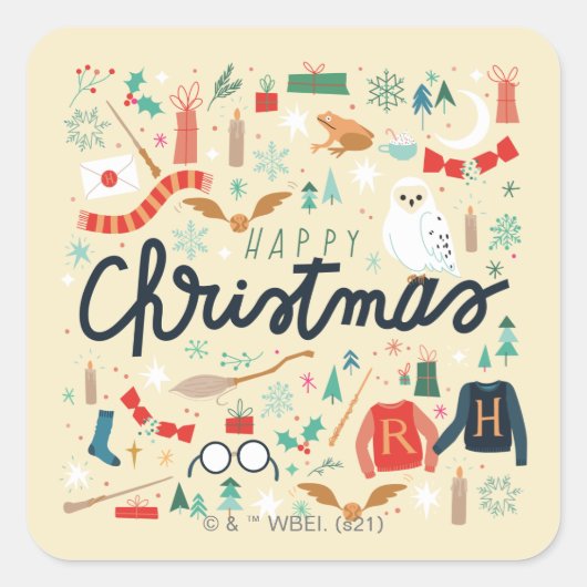 Harry Potter | Prettig Kerst met Festieve Pictogra Vierkante Sticker (Voorkant)