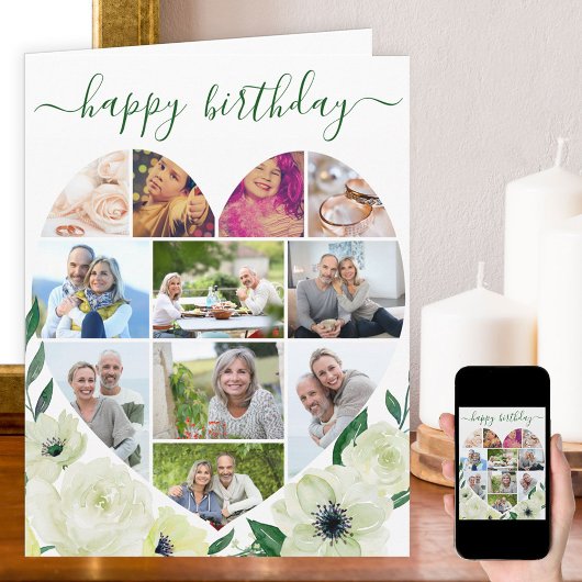 Hart 11 Foto Collage White Rose Happy Birthday Kaart