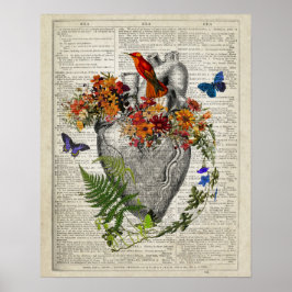Hart Anatomie met Bloemen Vlinders Kolibrie Poster