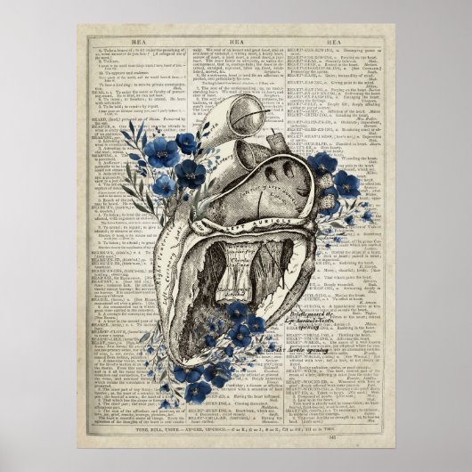 Hart Anatomie met bloemen Woordenboek Kunst Poster (Voorkant)