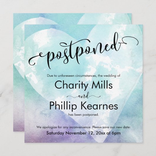 Hart Aqua Paarse uitgestelde bruiloft aankondiging (Voorkant / Achterkant)