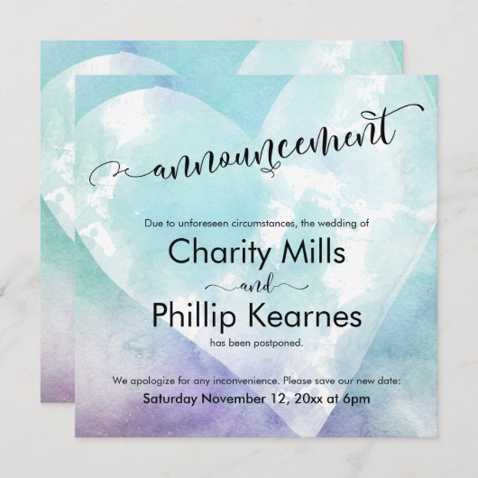Hart Aqua Paarse uitgestelde bruiloft aankondiging (Voorkant / Achterkant)