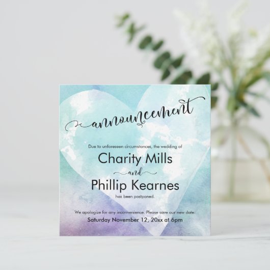 Hart Aqua Paarse uitgestelde bruiloft aankondiging (Staand voorkant)