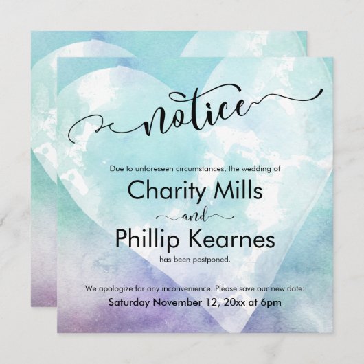 Hart Aqua Paarse uitgestelde bruiloft kennisgeving (Voorkant / Achterkant)