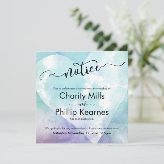 Hart Aqua Paarse uitgestelde bruiloft kennisgeving (Staand voorkant)